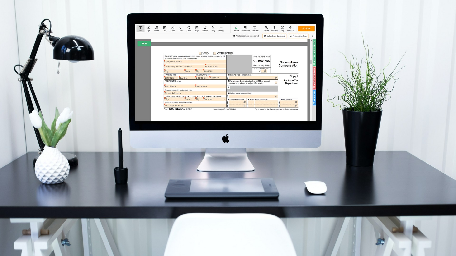 The fillable 1099-NEC tax form in PDF on the computer to fill out online